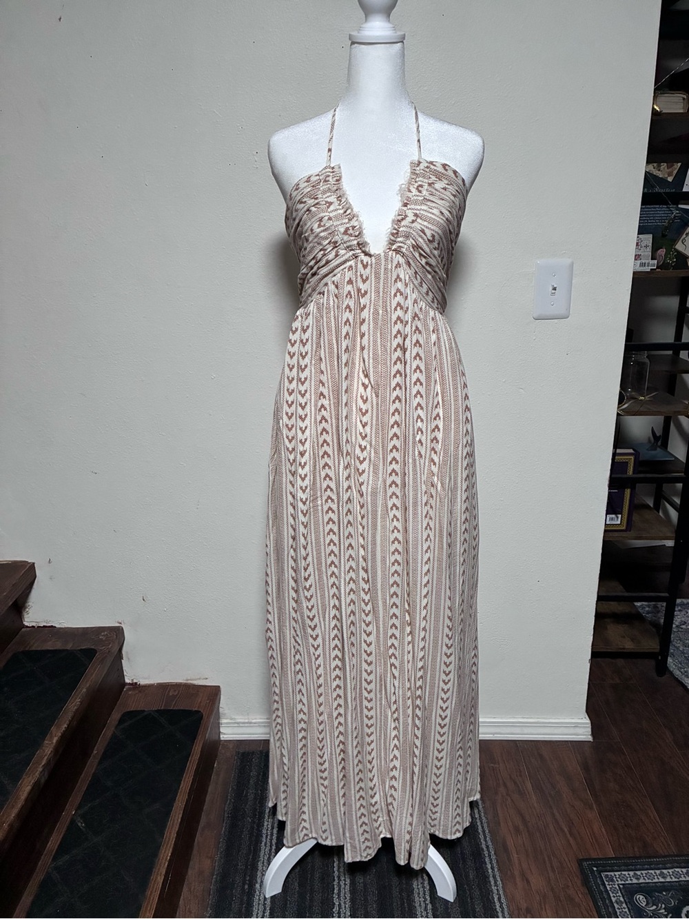 Promesa Cream and Tan Halter Maxi Dress